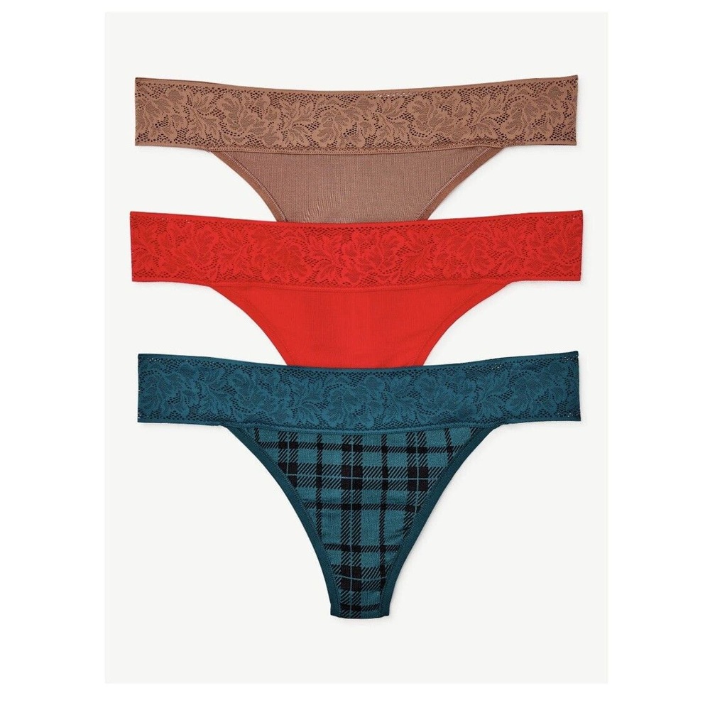 Joyspun Women’s 3-Pack Modal Lace Thong Panties Green Plaid Red Brown XXL (20)